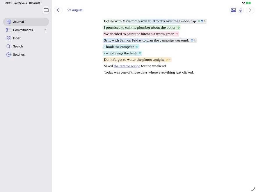Deforget on iPad in landscape: the journal beside the sidebar, a meeting block with two bullet notes highlighted.