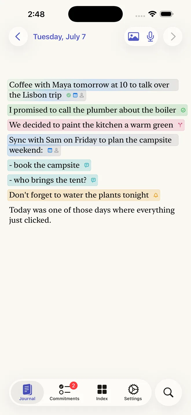 Deforget's journal on iPhone: a diary entry with colored highlights marking an event, a commitment, a decision, meeting notes, and a reminder.