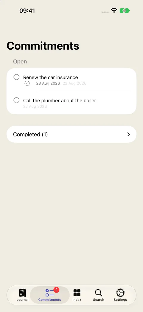 The Commitments screen on iPhone: open promises with checkboxes, an overdue one in red.